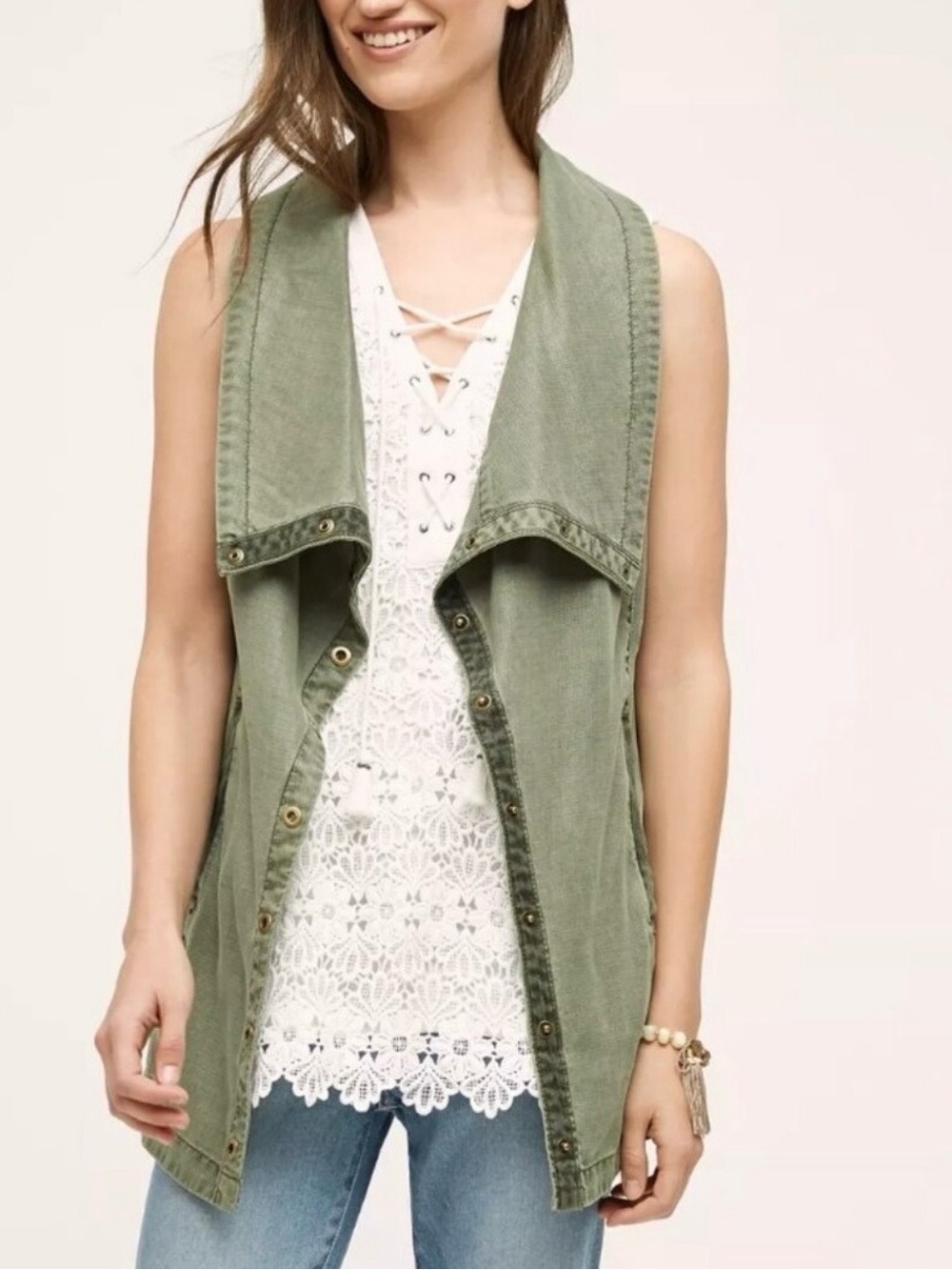 Marrakech Anthropologie Tombolo Distressed Oversized Vest Utility Olive Green
